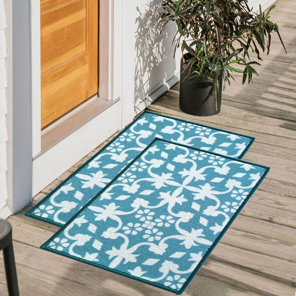 Tiles Anti-Slip Multipurpose Floor Mat Set 40x60CM, Turquoise Floral-F-TIL-FM-34-2D1