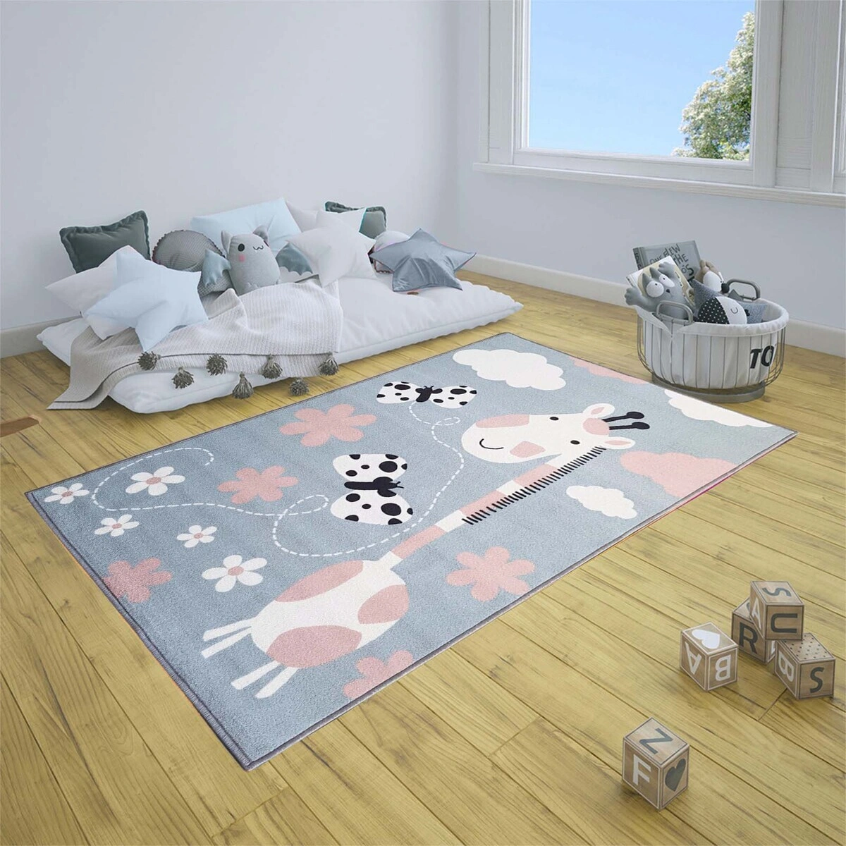 Anti-Slip Kids Rug (3x5ft), Blue Animals Giraffe-F-KID-GF-48-R1