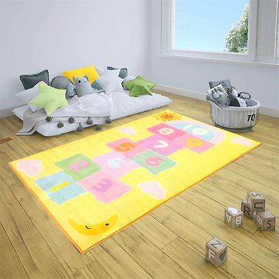 Matz and More Anti-Slip Kids Rug (3x5ft), Yellow Hopscotch Letters