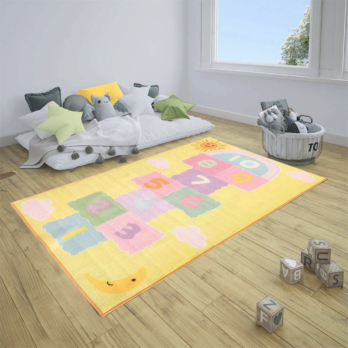 Anti-Slip Kids Rug (3x5ft), Yellow Hopscotch Letters-Yellow-100% Nylon Tufted Loop Pile-1860-1