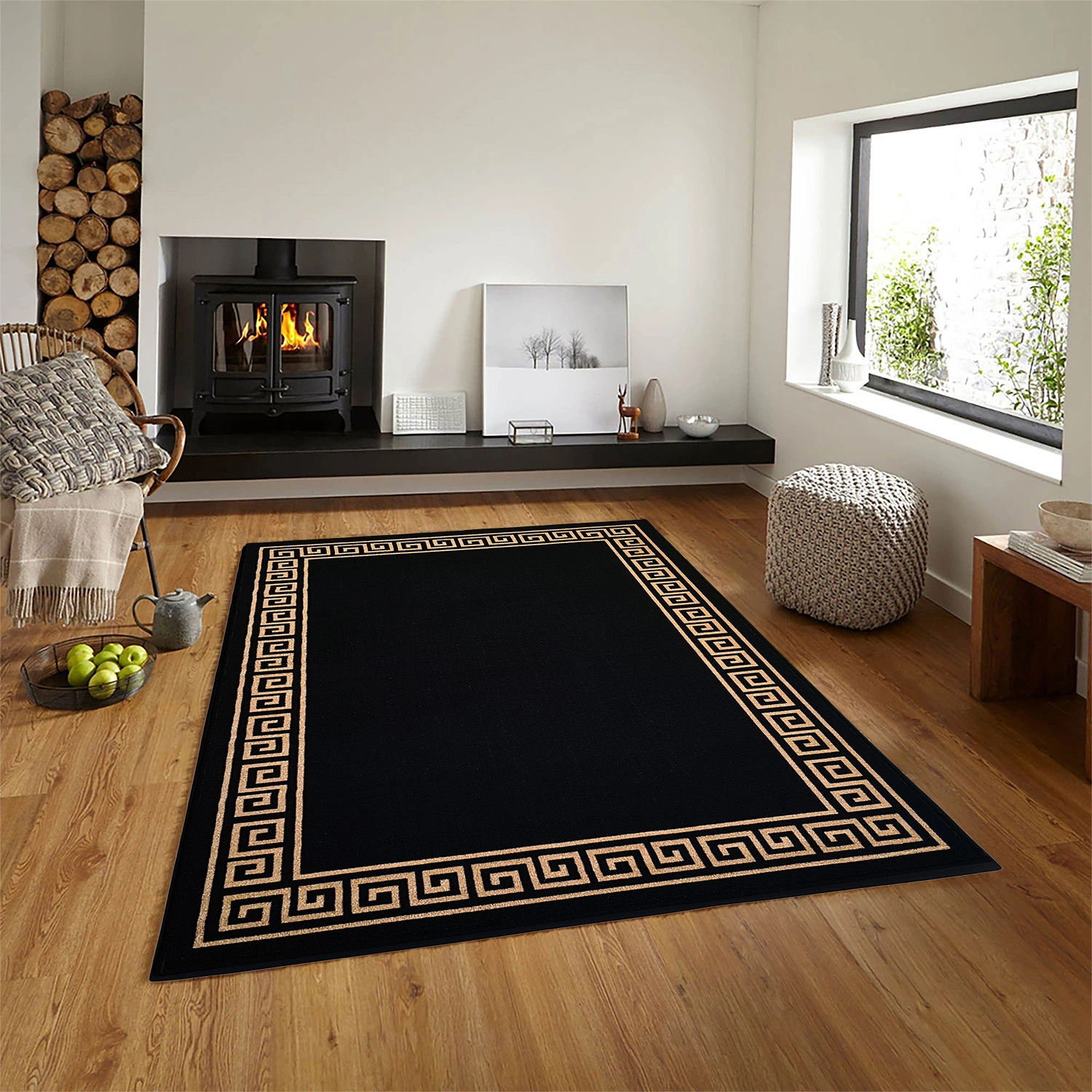 Anti-Slip Rug (3x5ft), Black Gold Greek Single Line-F-GRK-SL-10-R1