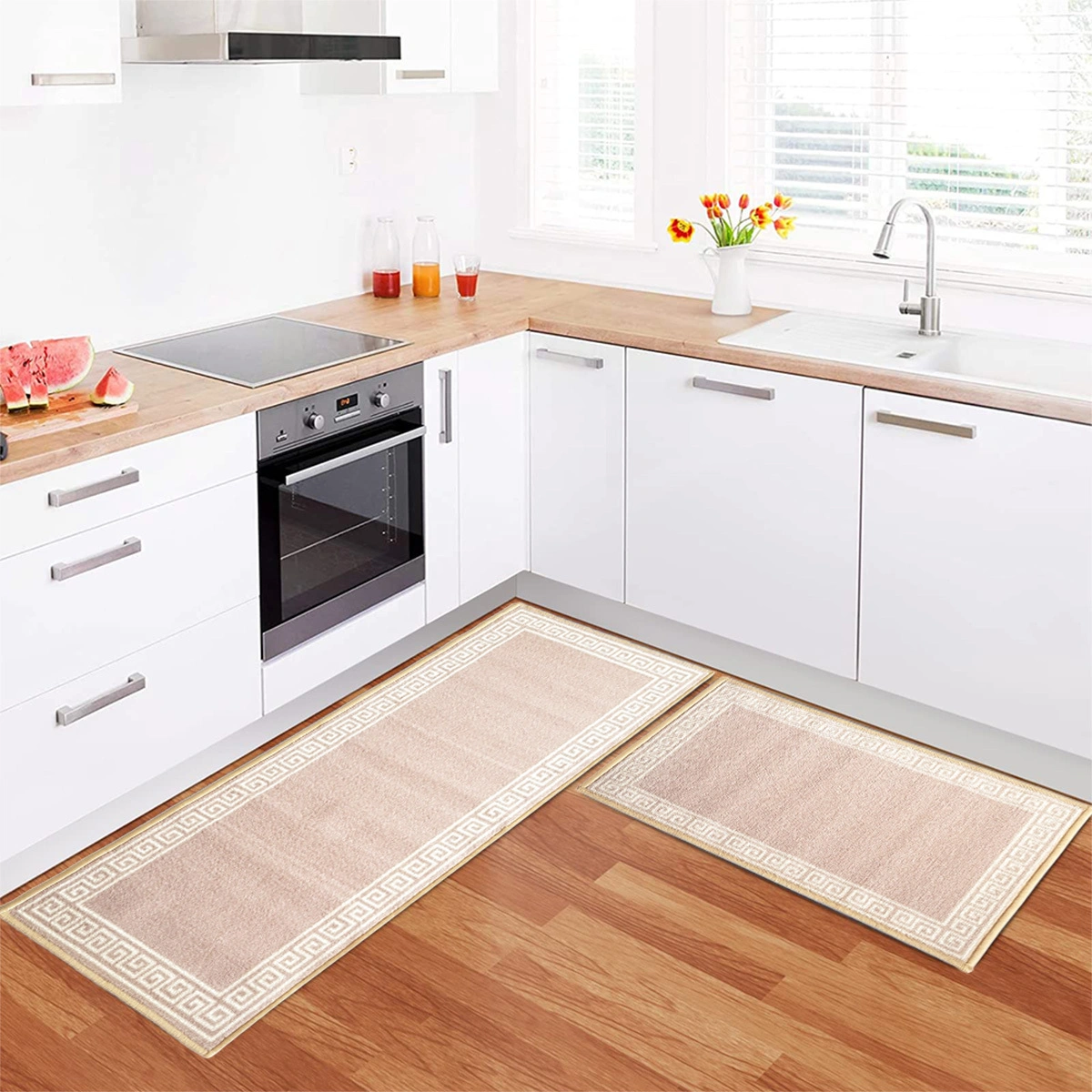 Anti-Slip Runner &amp; Floor Mat Combo, Beige Greek Single Line (50x120cm)-F-GRK-SL-31-S1