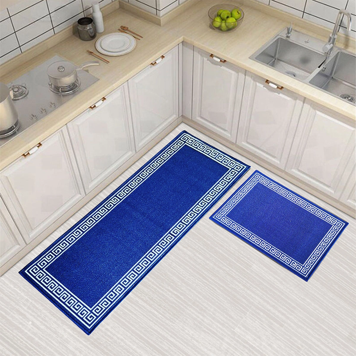 Anti-Slip Runner &amp; Floor Mat Combo, Blue Greek Single Line (50x120cm)-F-GRK-SL-36-S1