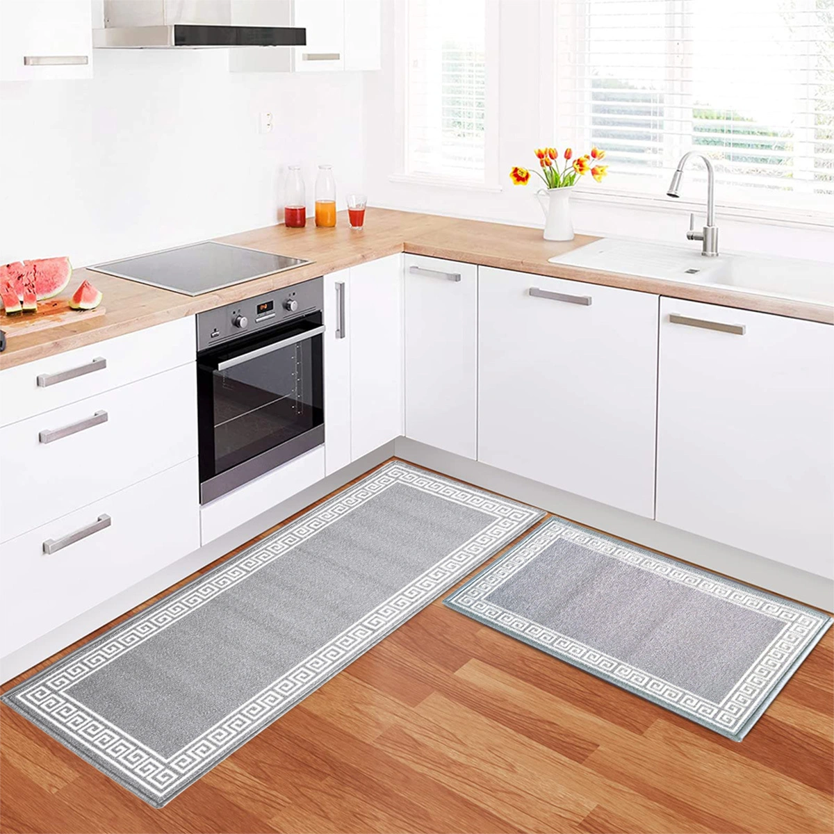 Anti-Slip Runner &amp; Floor Mat Combo, Grey Greek Single Line (50x120cm)-F-GRK-SL-3-S1