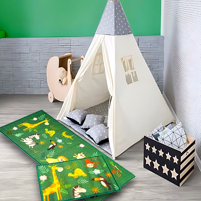 matz and more anti-slip kids runner & floor mat combo, green animals jungle (50x120cm)