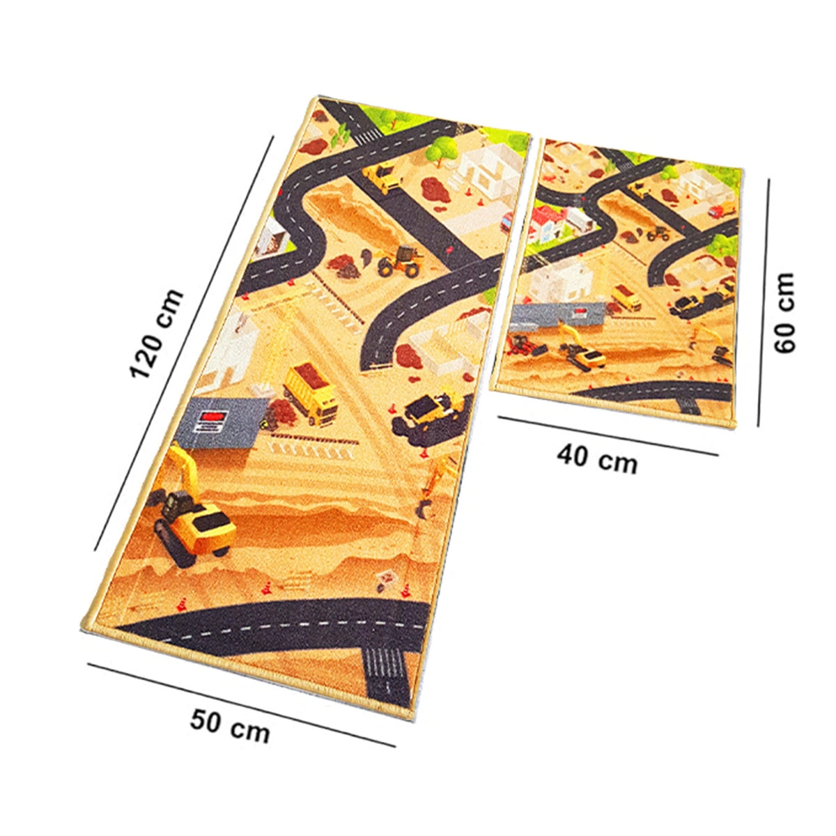 Anti-Slip Kids Runner &amp; Floor Mat Combo, Brown Car Track Construction Site (50x120cm)-Brown-100% Nylon Tufted Loop Pile-1040-4