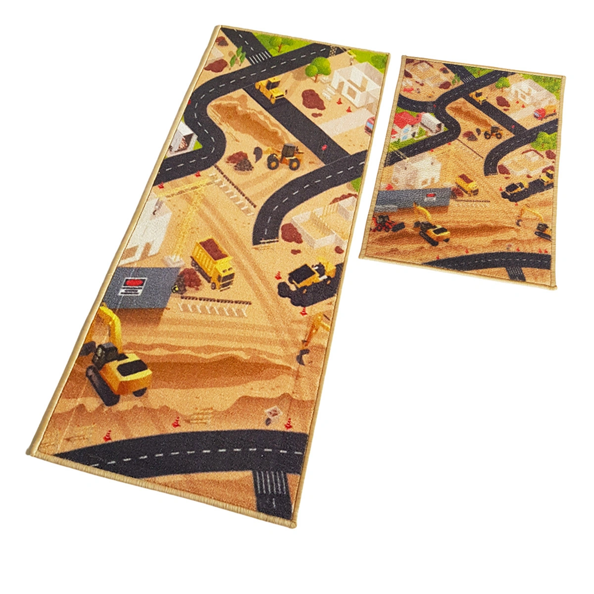 Anti-Slip Kids Runner &amp; Floor Mat Combo, Brown Car Track Construction Site (50x120cm)-Brown-100% Nylon Tufted Loop Pile-1040-3