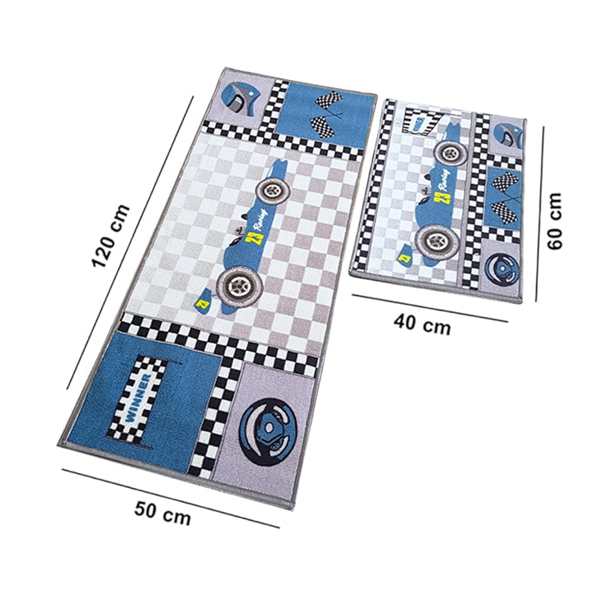 Anti-Slip Kids Runner &amp; Floor Mat Combo, Blue Racing Car  (50x120cm)-Blue-100% Nylon Tufted Loop Pile-1040-4