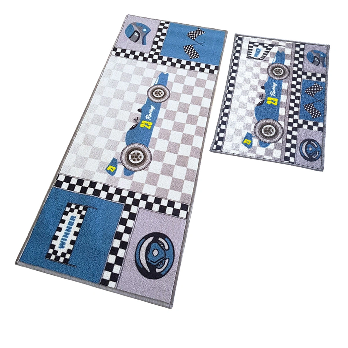 Anti-Slip Kids Runner &amp; Floor Mat Combo, Blue Racing Car  (50x120cm)-Blue-100% Nylon Tufted Loop Pile-1040-3