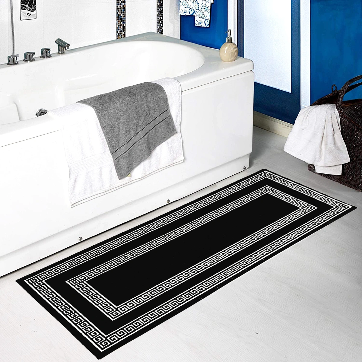 Anti-Slip Runner Floor Mat, Black and White Greek Double Line, 50x120CM-Black-100% Nylon Tufted Loop Pile-744-1