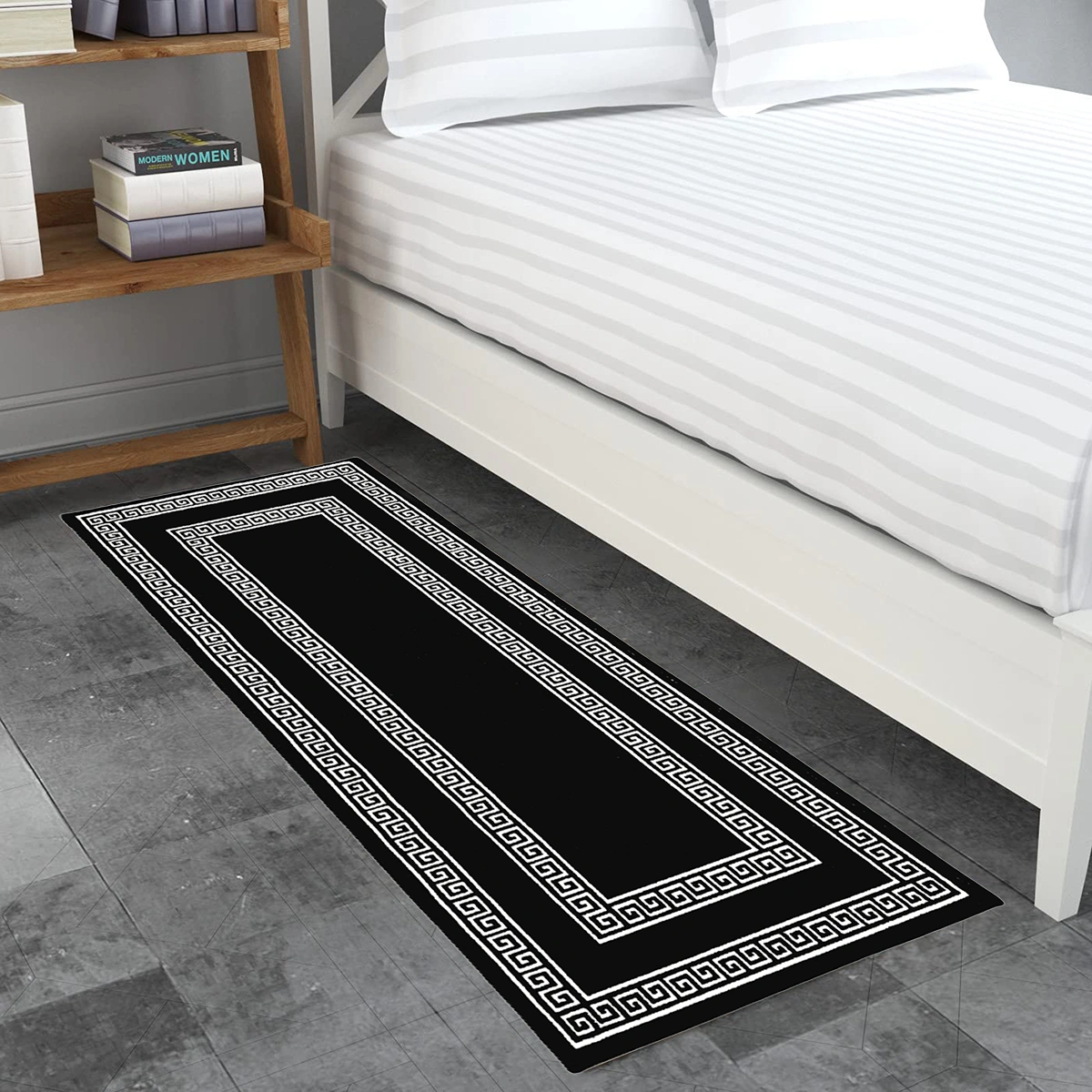 Anti-Slip Runner Floor Mat, Black and White Greek Double Line, 50x120CM-Black-100% Nylon Tufted Loop Pile-744-2