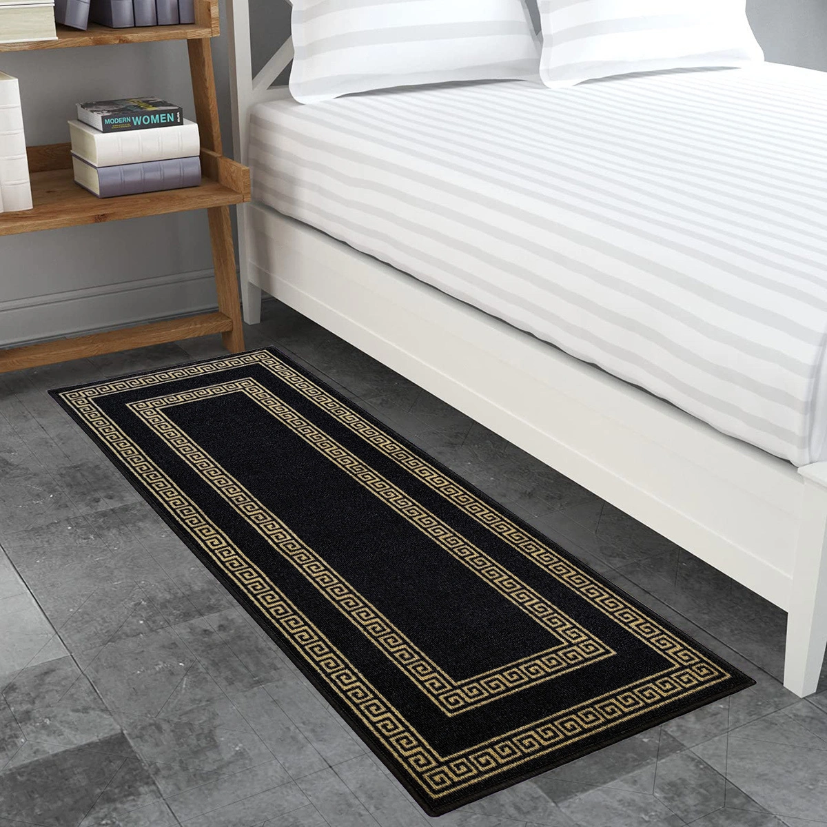 Anti-Slip Runner Floor Mat, Black and Gold Greek Double Line, 50x120CM-F-GRK-DL-10-RU1