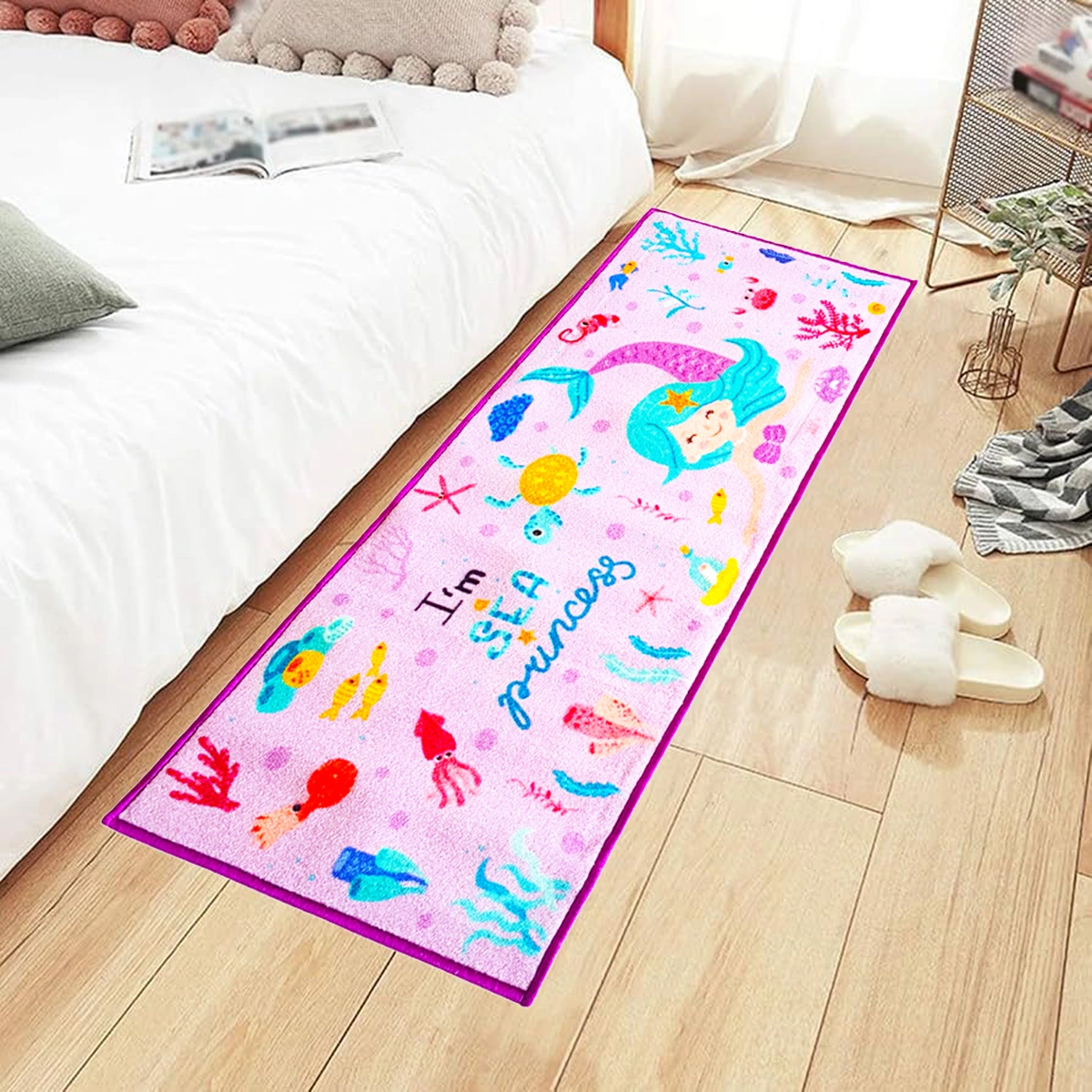 Anti-Slip Kids Runner Floor Mat, Purple Mermaid , 50x120CM-Purple-100% Nylon Tufted Loop Pile-744-1