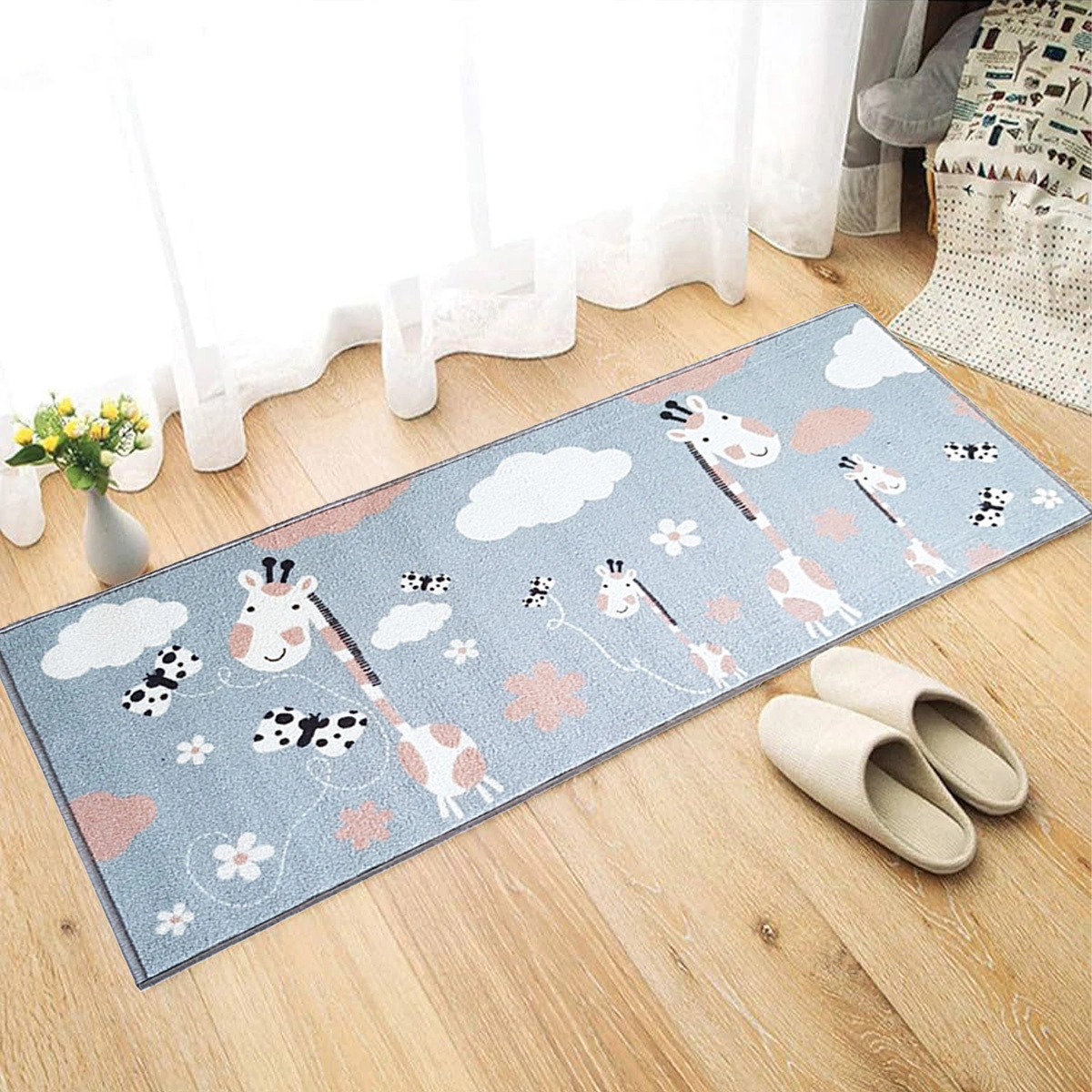 Anti-Slip Kids Runner Floor Mat, Blue Animals Giraffe, 50x120CM-F-KID-GF-48-RU1