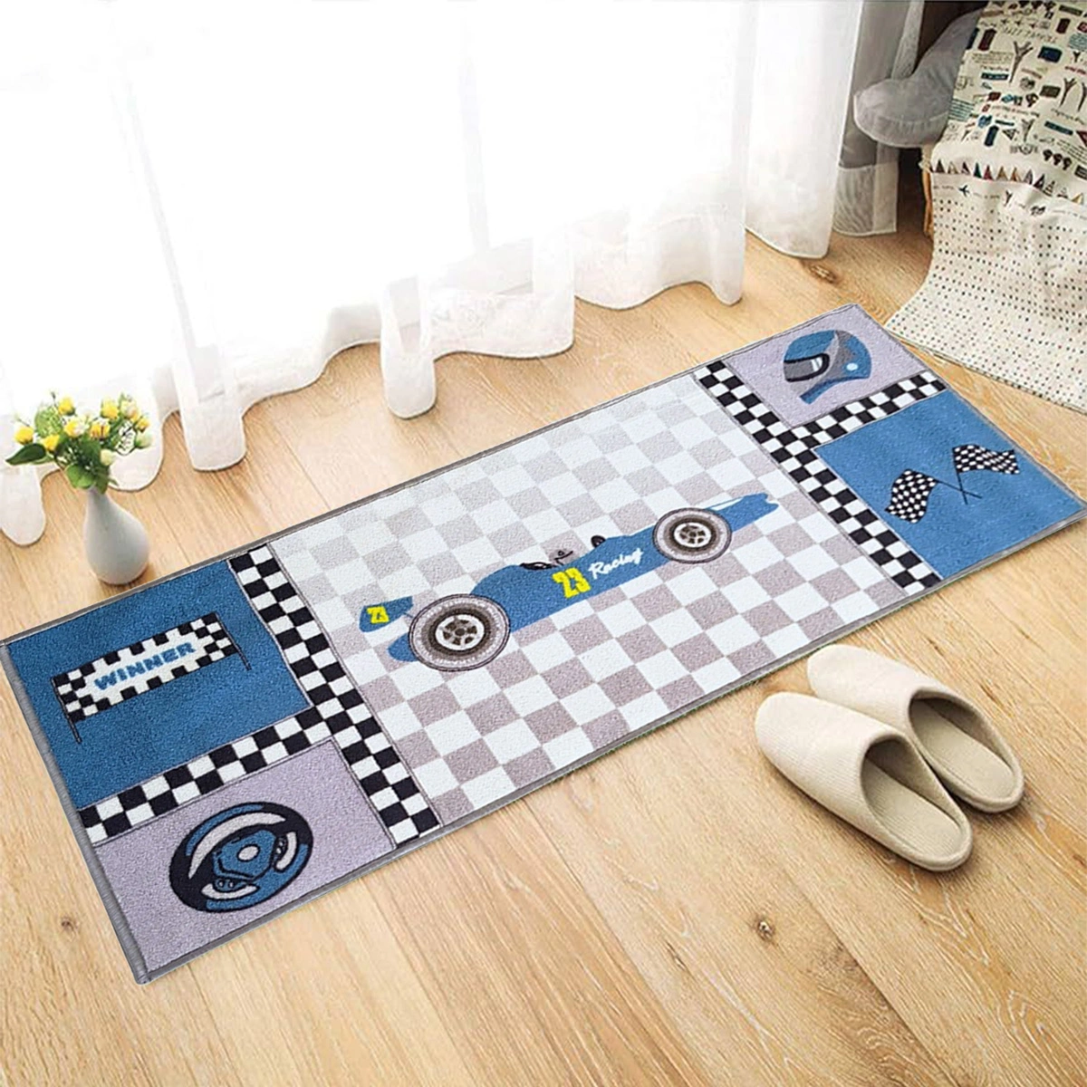 Anti-Slip Kids Runner Floor Mat, Blue Racing Car , 50x120CM-F-KID-RC-33-RU1