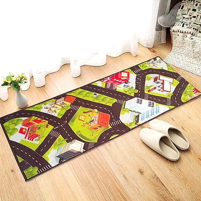 Matz and More Anti-Slip Kids Runner Floor Mat, Green Car Track City, 50x120CM