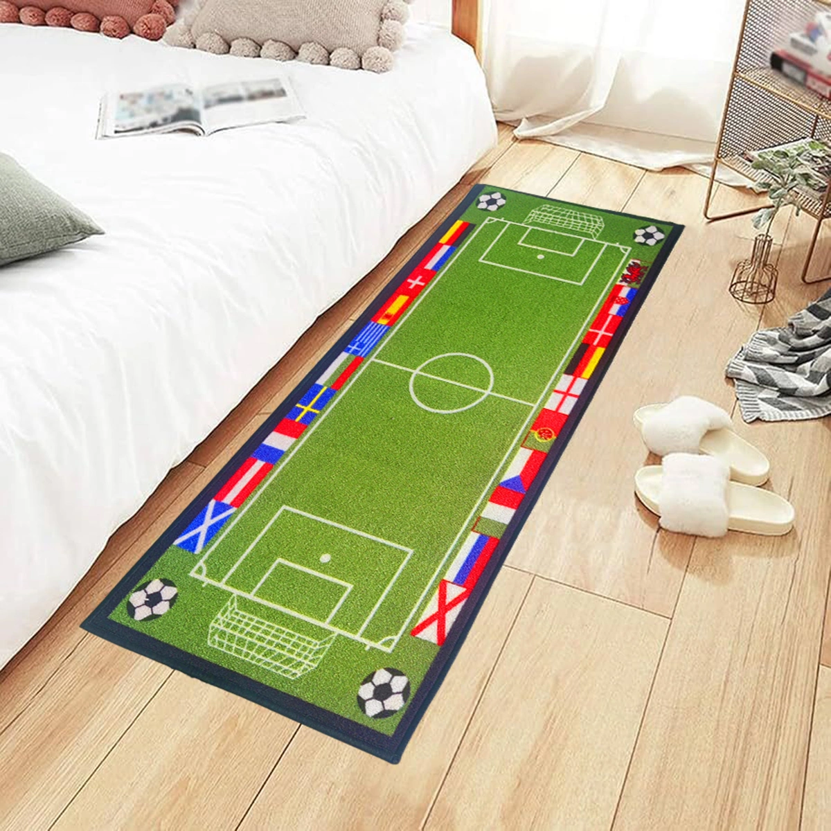 Anti-Slip Kids Runner Floor Mat, Green Sports Football Field, 50x120CM-Green-100% Nylon Tufted Loop Pile-744-1