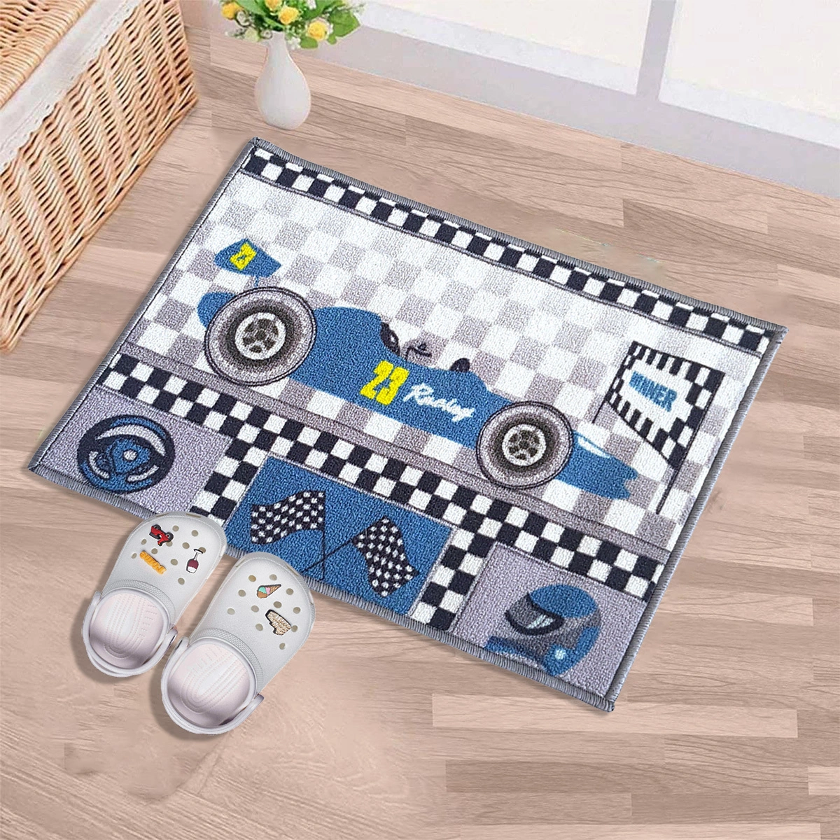 Anti-Slip Kids Multipurpose Floor Mat 40x60CM, Blue Racing Car-F-KID-RC-33-D1