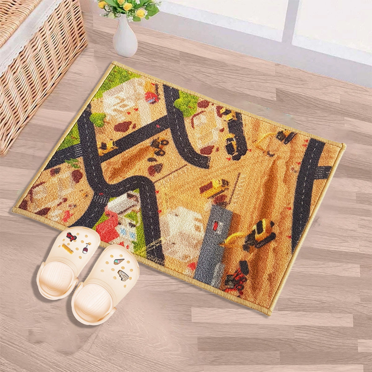 Anti-Slip Kids Multipurpose Floor Mat 40x60CM, Brown Car Track Construction Site-F-KID-CT-46-D1