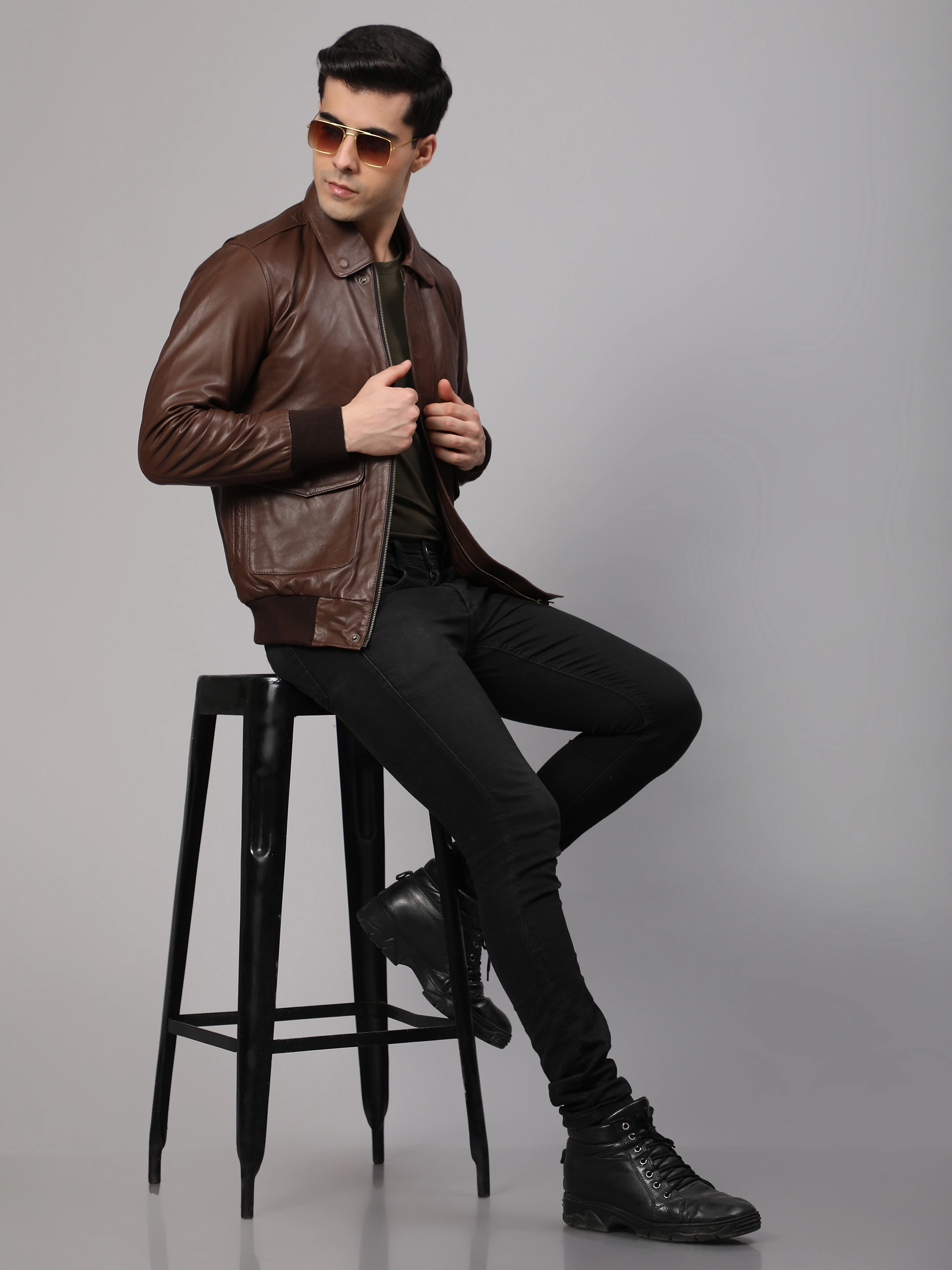 Theory Varsity Jacket In Leather Genuine Leather -| CHARMSHILP-S-Brown-4