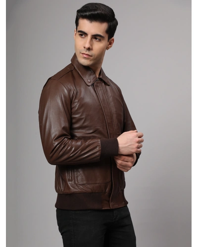 Theory Varsity Jacket In Leather Genuine Leather -| CHARMSHILP-XL-Brown-2