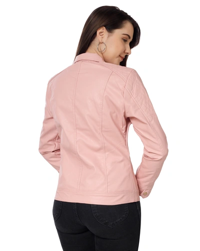 CHARMSHILP - Women's Biker Jacket In Genuine Faux Leather of Multicolo-Pink-M-1