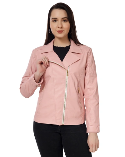 CHARMSHILP - Women's Biker Jacket In Genuine Faux Leather of Multicolo-Pink-S-1