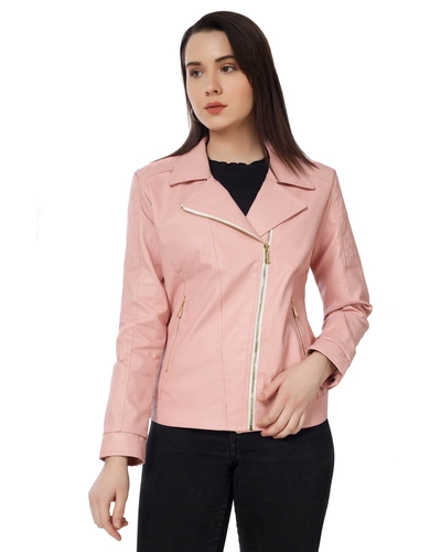 CHARMSHILP - Women's Biker Jacket In Genuine Faux Leather of Multicolo-Pink-XL-2