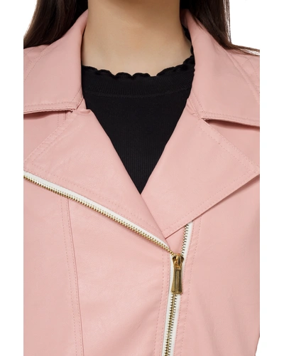 CHARMSHILP - Women's Biker Jacket In Genuine Faux Leather of Multicolo-Pink-L-6