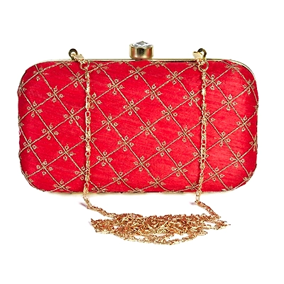 Silk Zari Embroidered Red Clutch Box Bag Code 1176