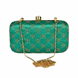 silk zari embroidered green clutch box bag code 1175
