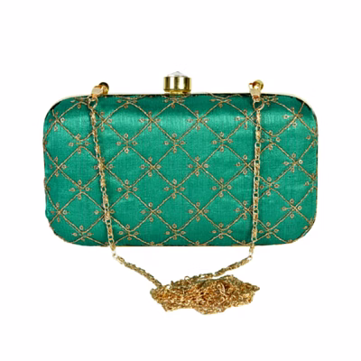 silk zari embroidered green clutch box bag code 1175