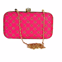 silk golden zari work pink clutch box bag code 1174