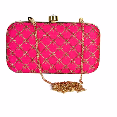 silk golden zari work pink clutch box bag code 1174