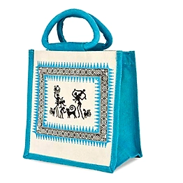 Handcrafted Eco Friendly Reusable Blue Jute Bag with Dancing Figures Code 1177