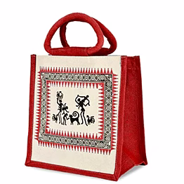 handcrafted eco friendly reusable red jute bag with dancing figures code 1163