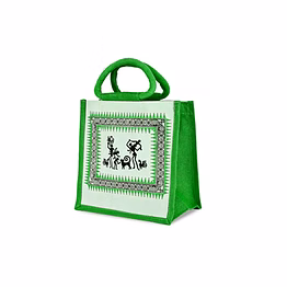 handcrafted eco friendly reusable green jute bag with dancing figures code 1162
