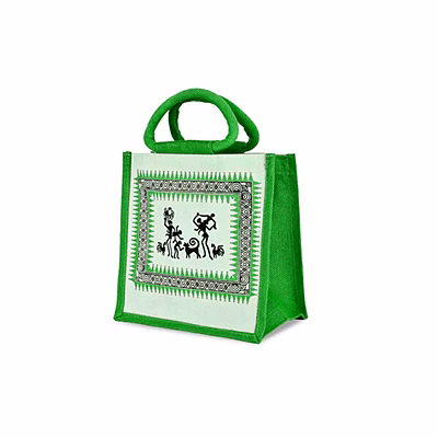 handcrafted eco friendly reusable green jute bag with dancing figures code 1162