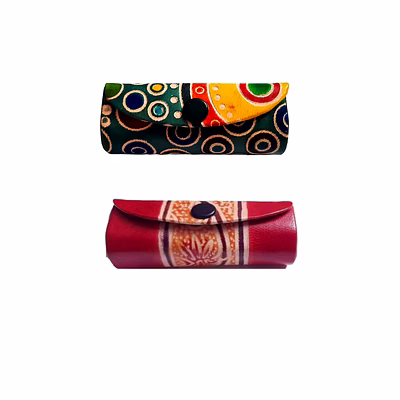indian handcrafted pure leather designer lipstick cases with mirror set of 2 code 1084