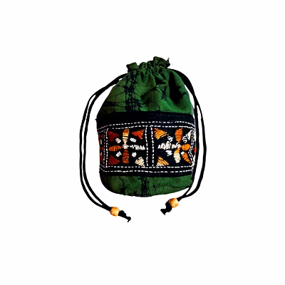 cotton batik kantha stitch work potli bag green code 1057