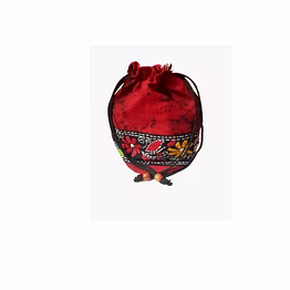 cotton batik kantha stitch work hand embroidered potli bag red code 1056