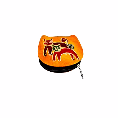 colorful cat and kitten design genuine shantiniketan leather small coin purse code 1028