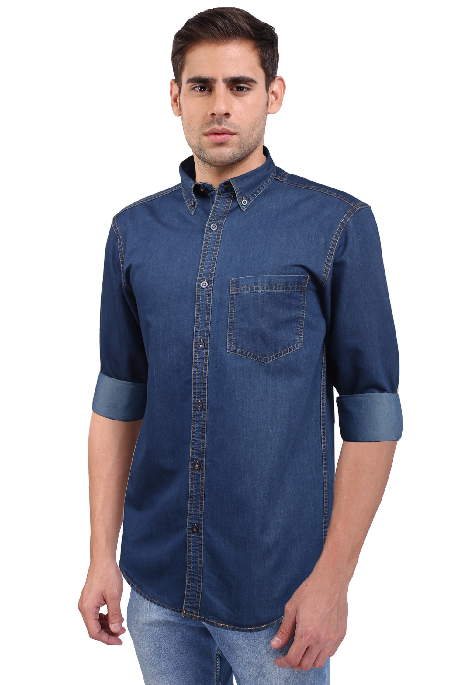 FLAGS Men's Casual Denim Shirt (DnmShrt)-46-Dark Blue-2