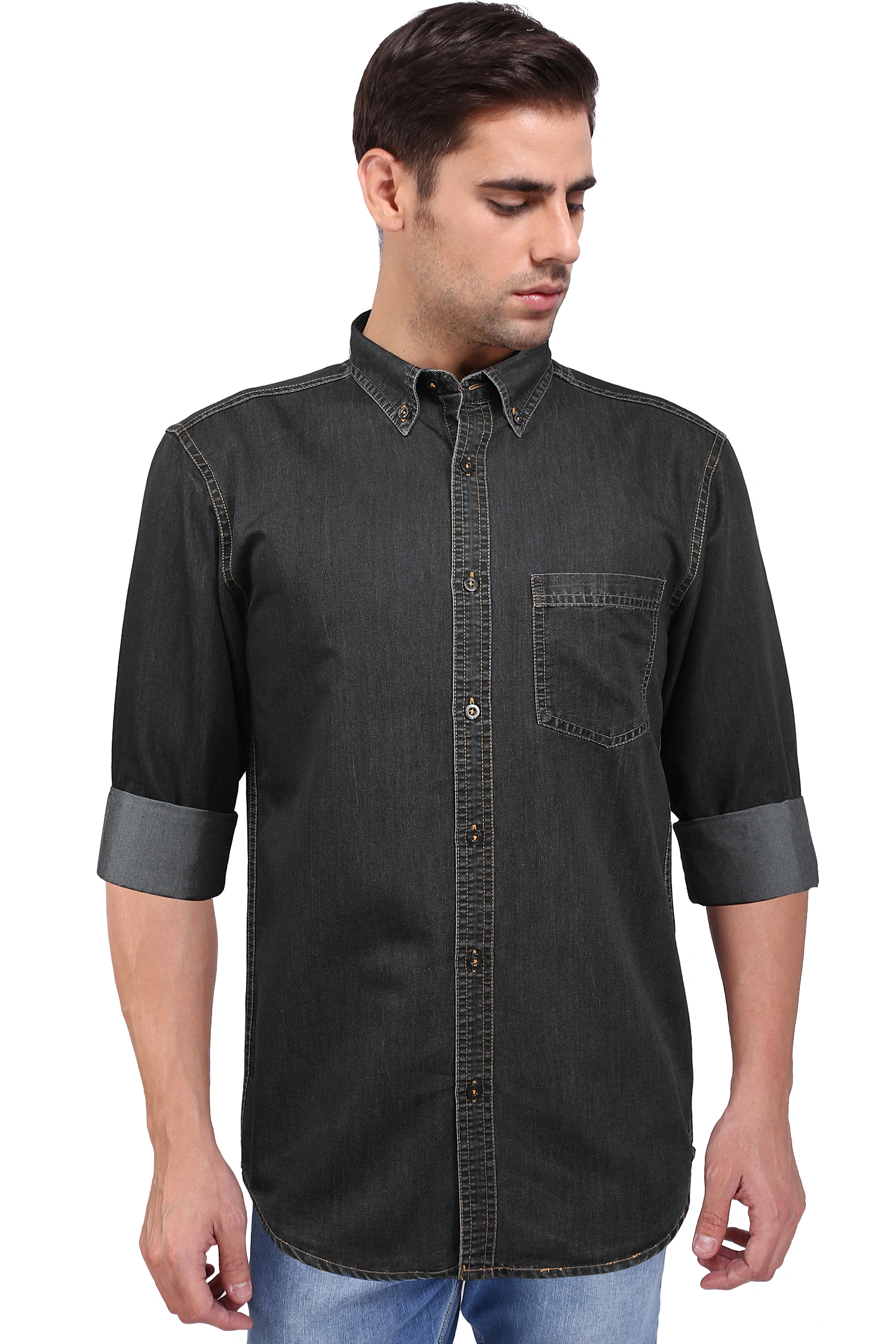 FLAGS Men's Casual Denim Shirt (DnmShrt)-Dnm_Shrt_254103-Black-40