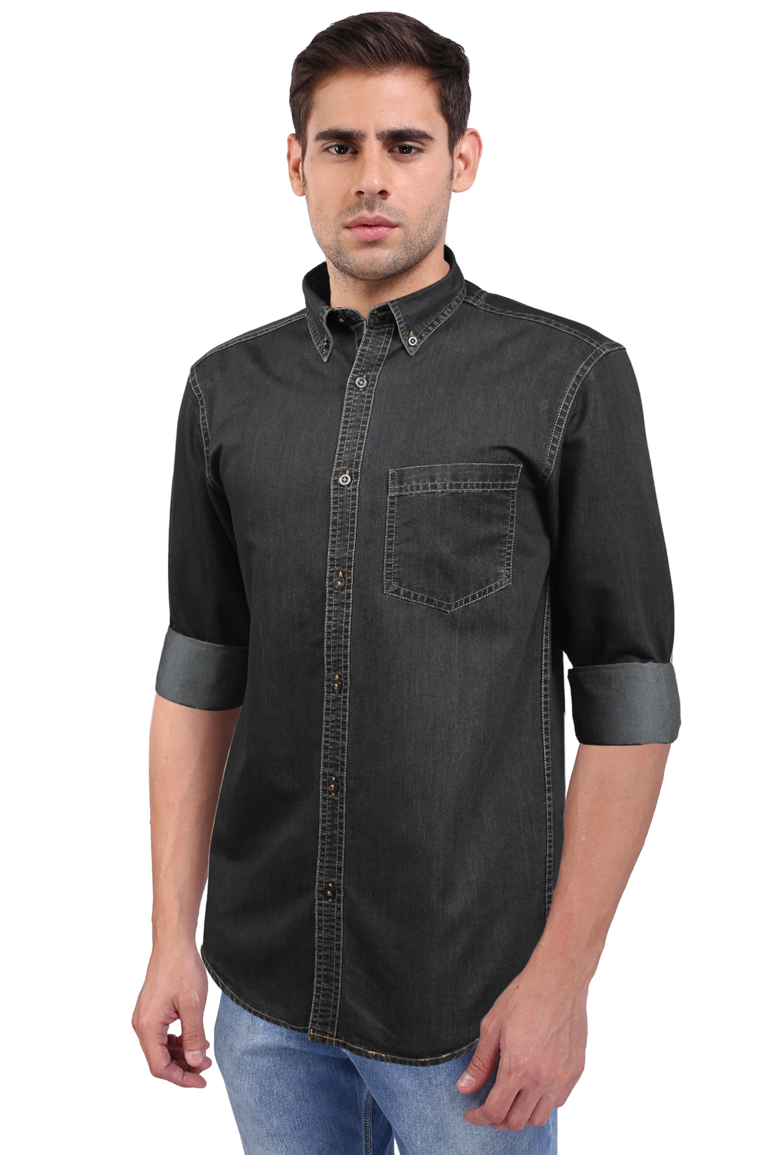 FLAGS Men's Casual Denim Shirt (DnmShrt)-48-Black-2