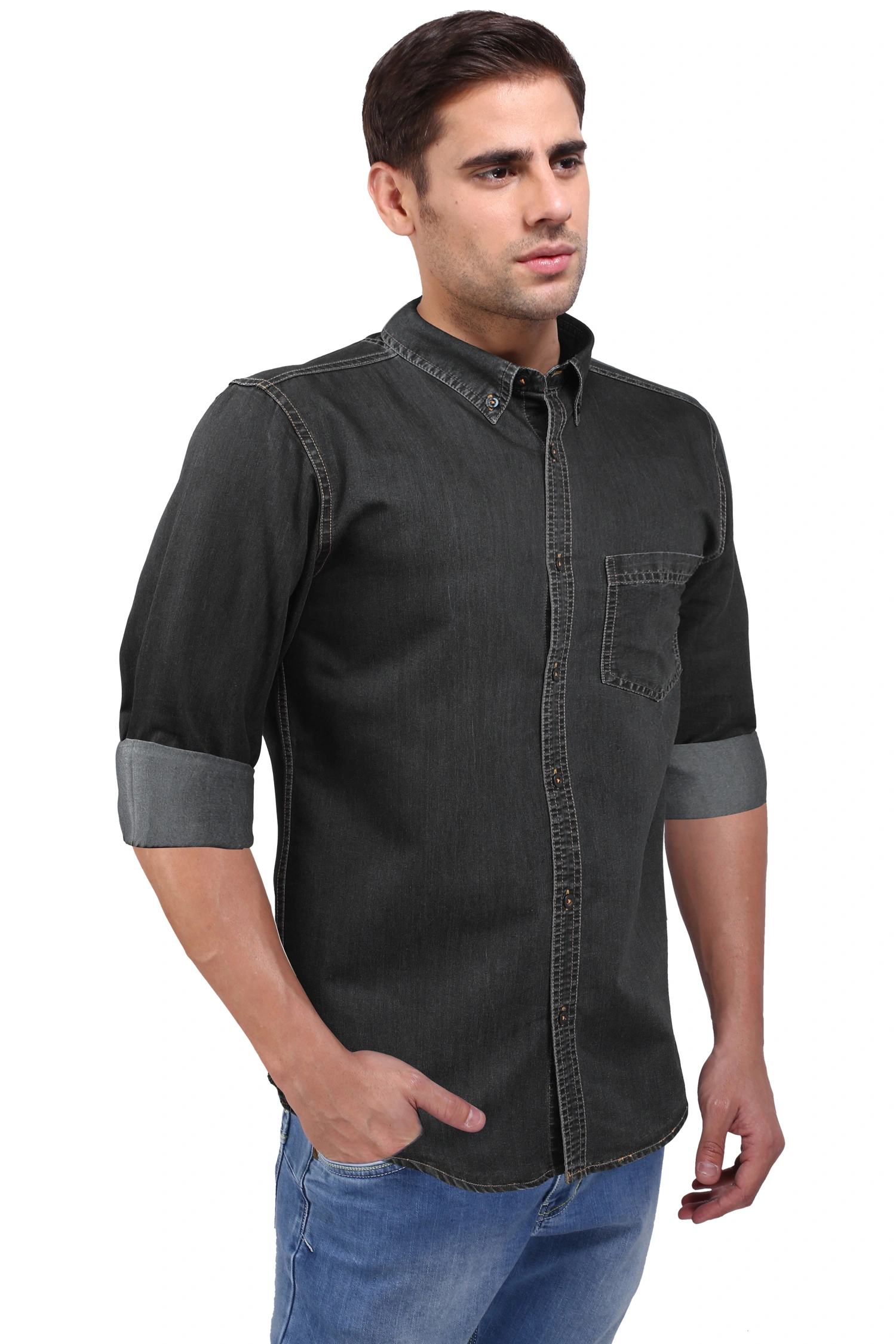 FLAGS Men's Casual Denim Shirt (DnmShrt)-48-Black-3