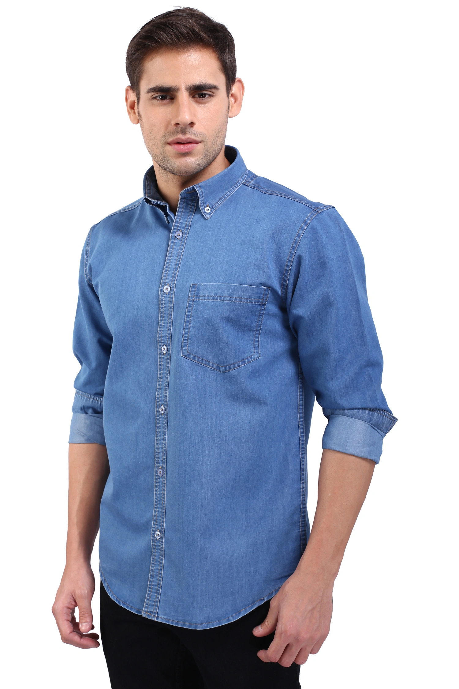 FLAGS Men's Casual Denim Shirt (DnmShrt)-46-Light Blue-2