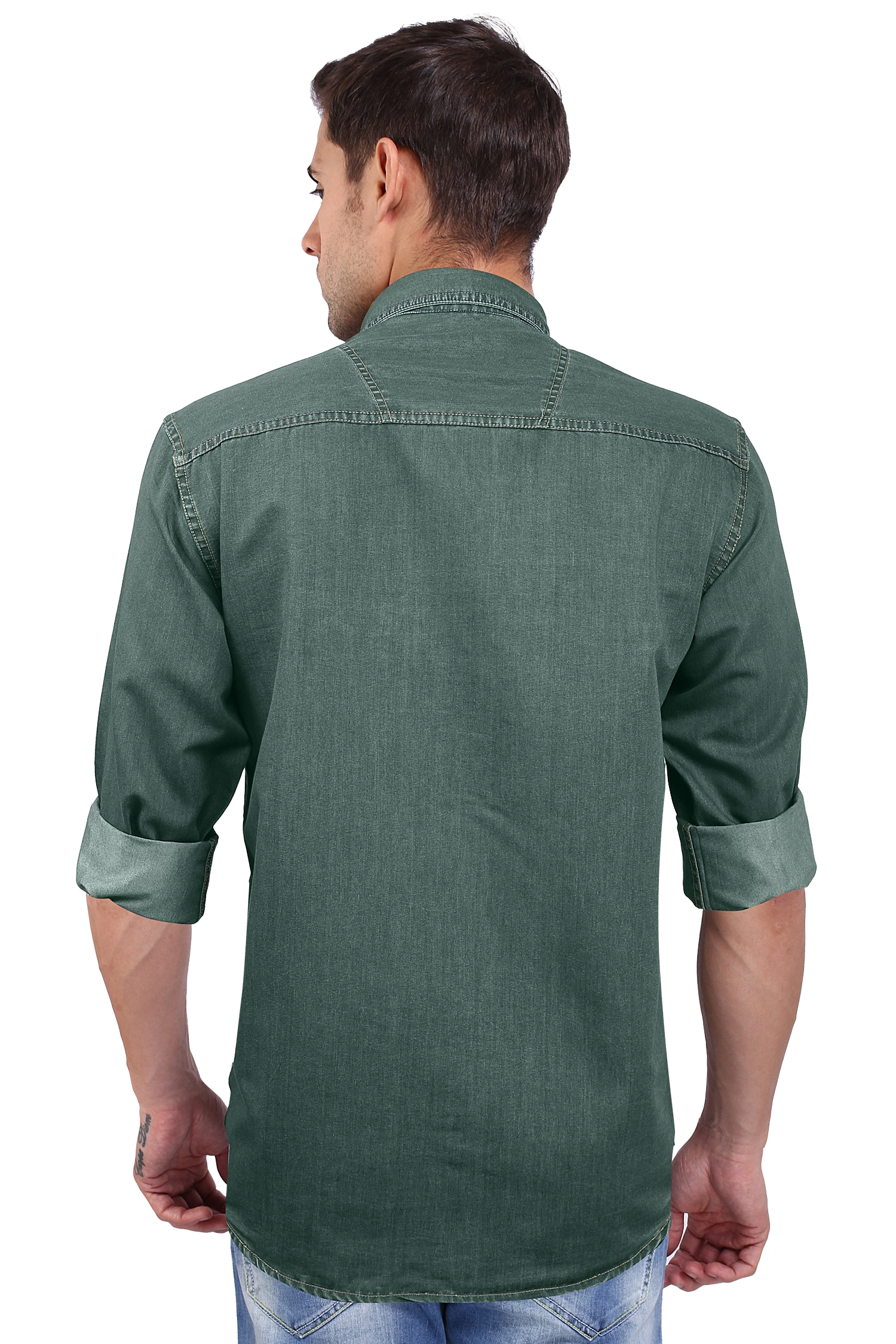 FLAGS Men's Casual Denim Shirt (DnmShrt)-44-Moss Green-1