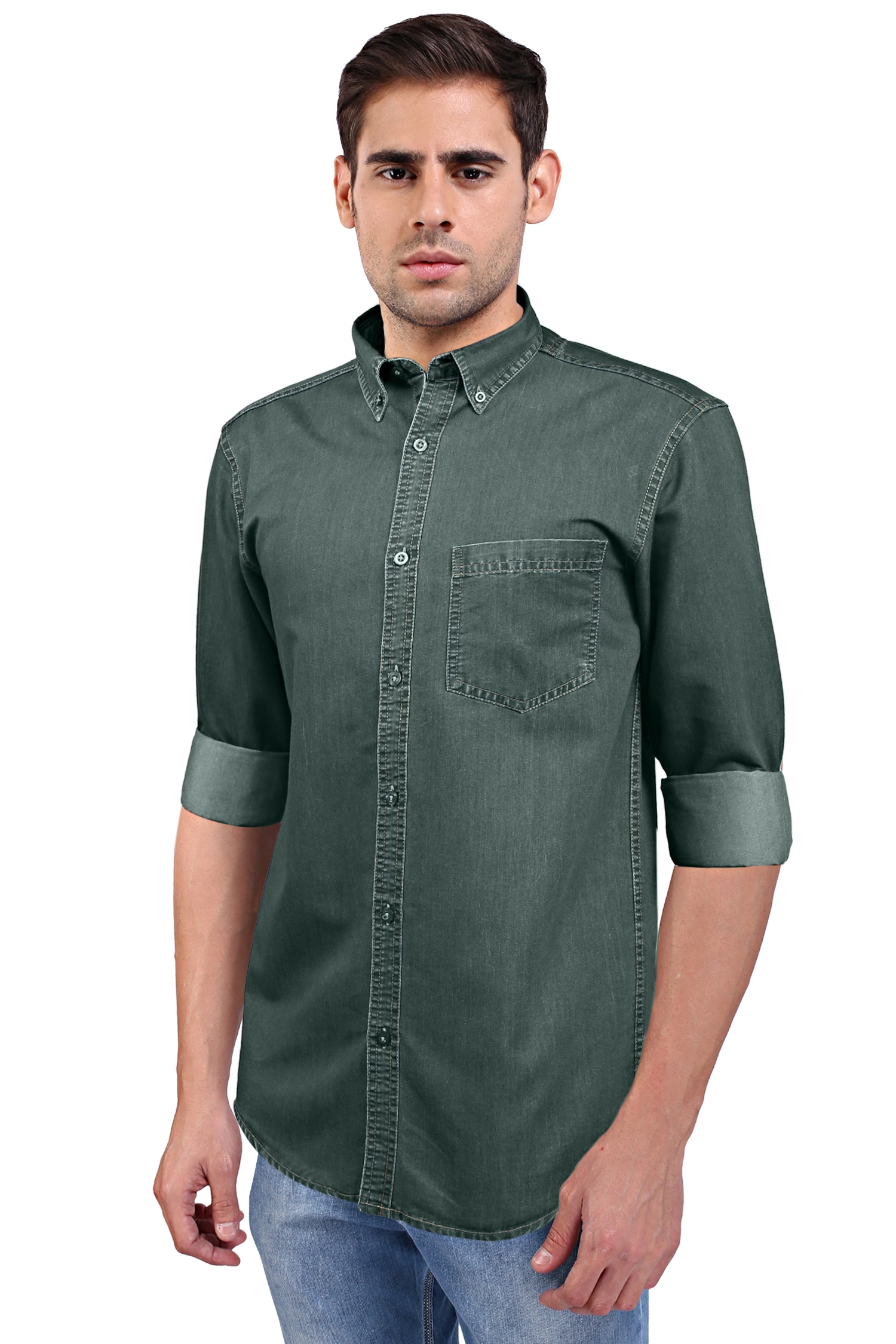 FLAGS Men's Casual Denim Shirt (DnmShrt)-44-Moss Green-3