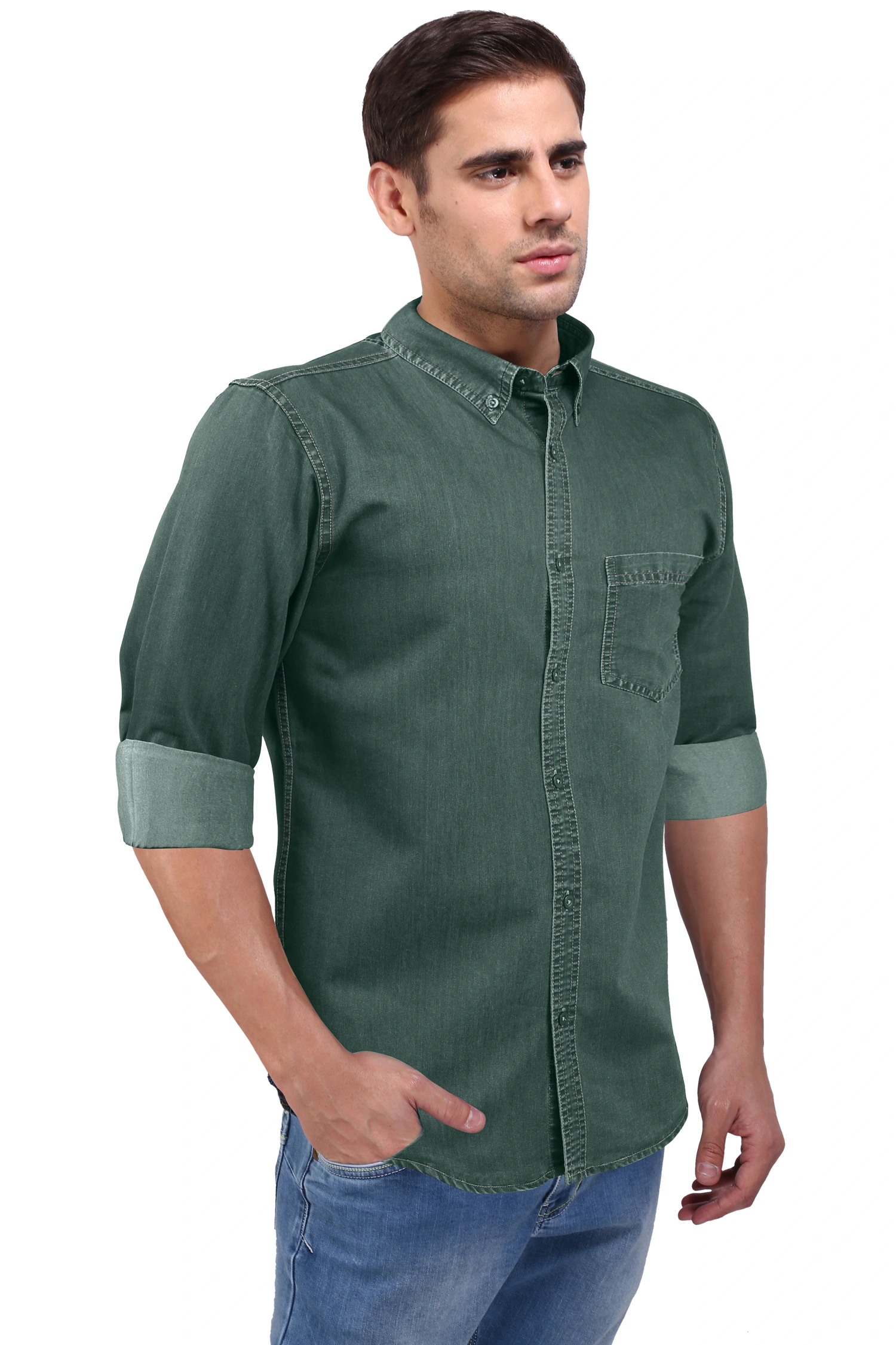 FLAGS Men's Casual Denim Shirt (DnmShrt)-46-Moss Green-2